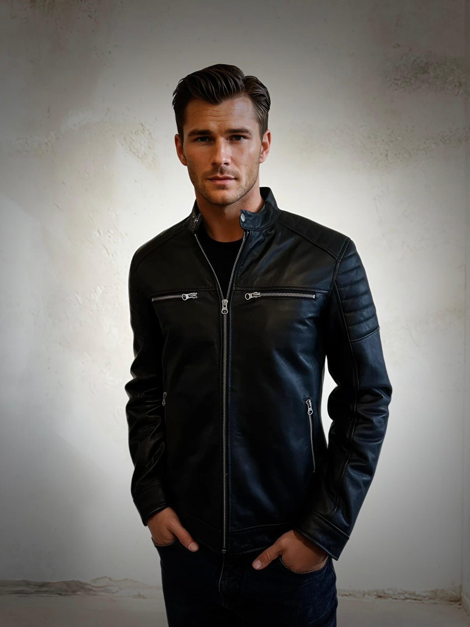 Model wearing black cafe racer inspired leather motorcycle jacket 