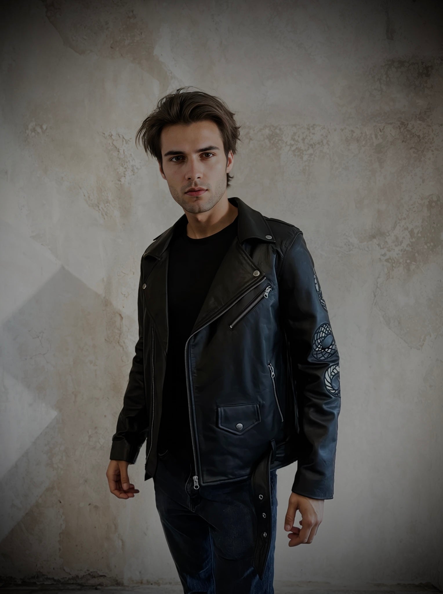 Model wearing motorcycle leather jacket made with custom artwork